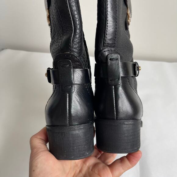 Tory Burch Leona Black Pebbled Leather Mid Calf Moto Boots Size 8 M - Picture 7 of 15